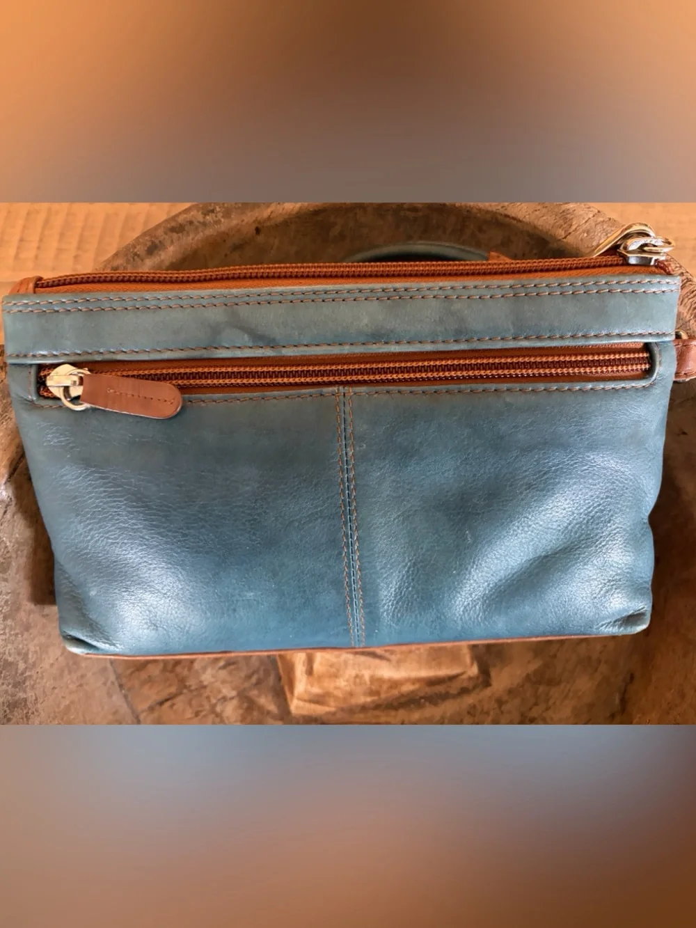 ili New York Denim Blue Brown Whip Stitch Trim Leather Wristlet